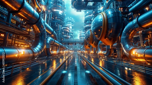 Cityscape Alive: A dynamic nocturnal panorama pulsating with urban energy, where steel structures, bustling streets, and luminous lights intertwine in a kaleidoscope of motion and industry, under the  photo