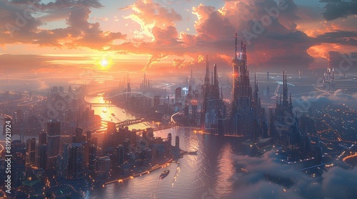 Sci-fi technology background image, Futuristic urban skyline with interconnected structures Illustration image,
