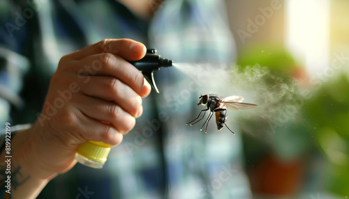 Man spraying insect aerosol on fly in room, closeup photo
