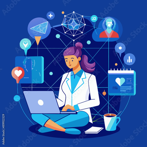 Abstract digital therapist providing online counseling. Mental health technology and teletherapy concept. Low poly wireframe vector illustration on technological blue background.1