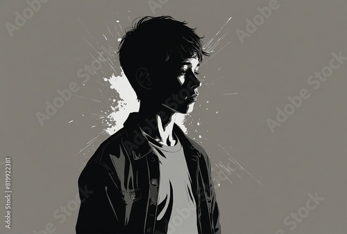 illustration of a boy in black feeling sad emotions photo