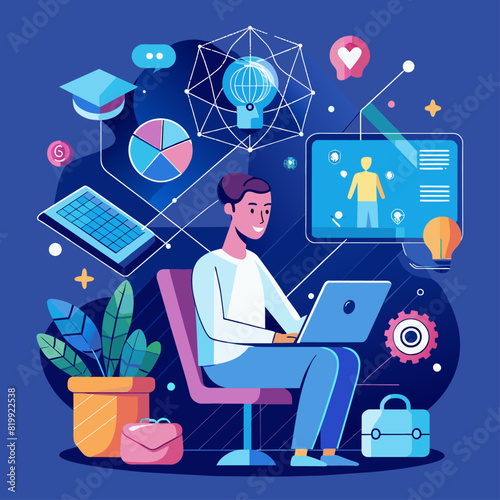 Abstract digital therapist providing online counseling. Mental health technology and teletherapy concept. Low poly wireframe vector illustration on technological blue background.