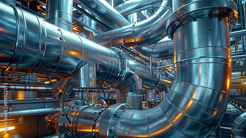 Sci-fi technology background image, Intricate network of metallic pipes in a sci-fi setting Illustration image,