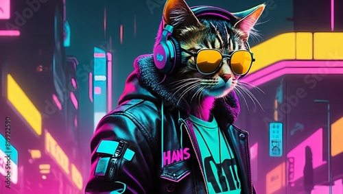 vibrant fluorescent comic paint splashes DJ cute cat wearing a leather jacket and sunglasses