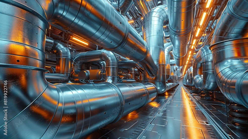 Sci-fi technology background image, Metallic pipes and conduits in a futuristic facility Illustration image, Sci-fi technology background image, Metallic pipes and conduits in a futuristic facility Illustration image,