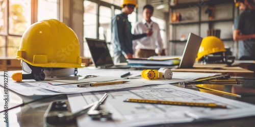 Create an ultra-realistic, photo-like image of a team engaged in a construction planning session. 