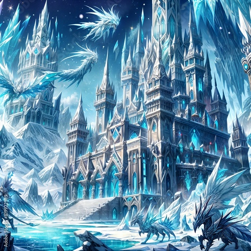 A majestic citadel surrounded by frost mages and snow beasts in an anime style photo