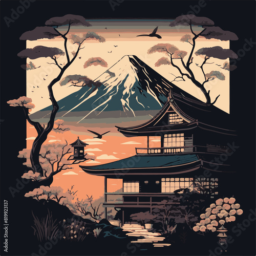 Japanese House with Mount Fuji Background Vector File. Unique and cool design. Generated AI Results - Artificial Intelligence