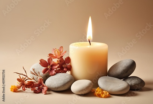 Tranquil Escape  A Soothing Composition of Candlelight  Stones  and Dried Flowers