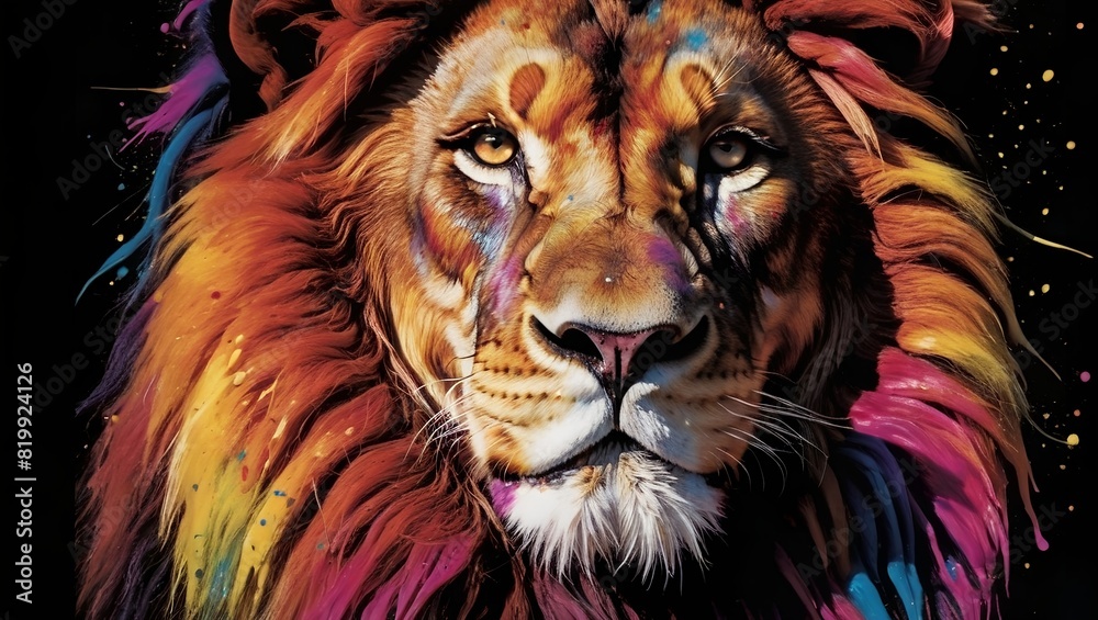 colorful paint splatters portrait of a lion