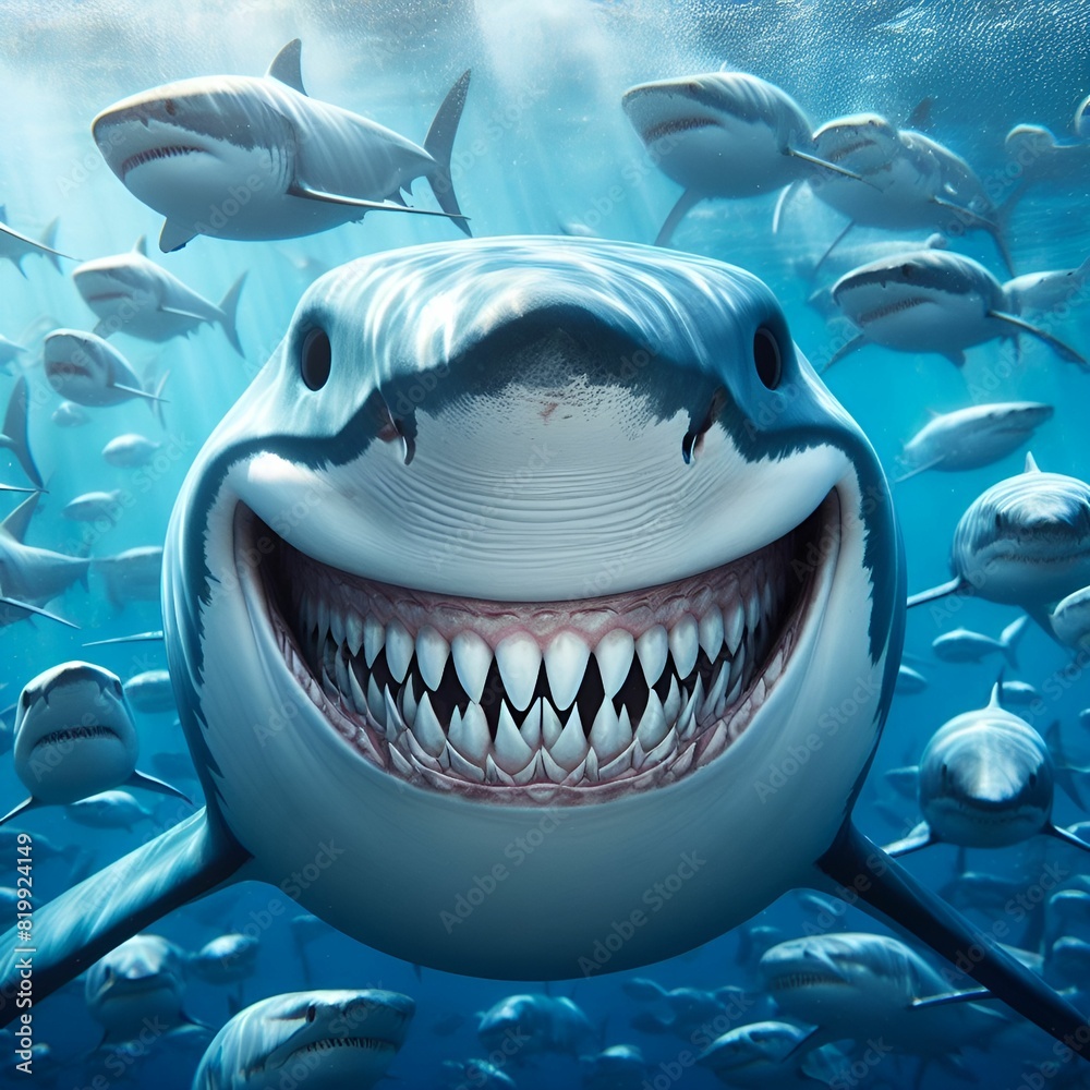 Shark swimming among many sharks Shark swimming among many sharks