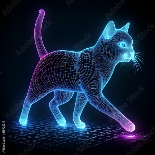 Neon cat wireframe walking photo
