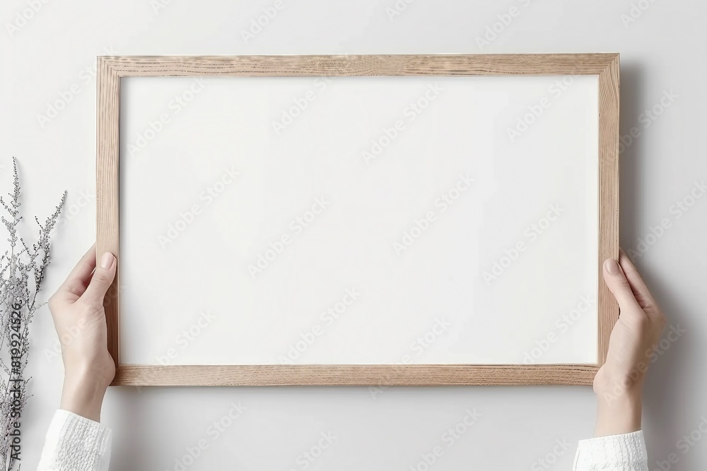 Landscape large 50x70, 20x28, a3,a4, Wooden frame mockup with passe-partout on white wall in women hands. Poster mockup. Clean, modern, minimal frame. generative ai. Landscape large 50x70, 20x28, a3,a4, Wooden frame mockup with passe-partout on white wall in women hands. Poster mockup. Clean, modern, minimal frame. generative ai.