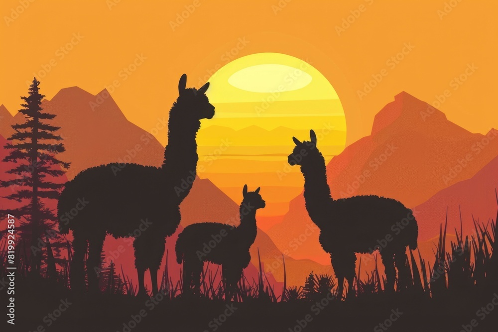 Fototapeta premium Group of llamas standing on a grass field. Suitable for nature and animal themes