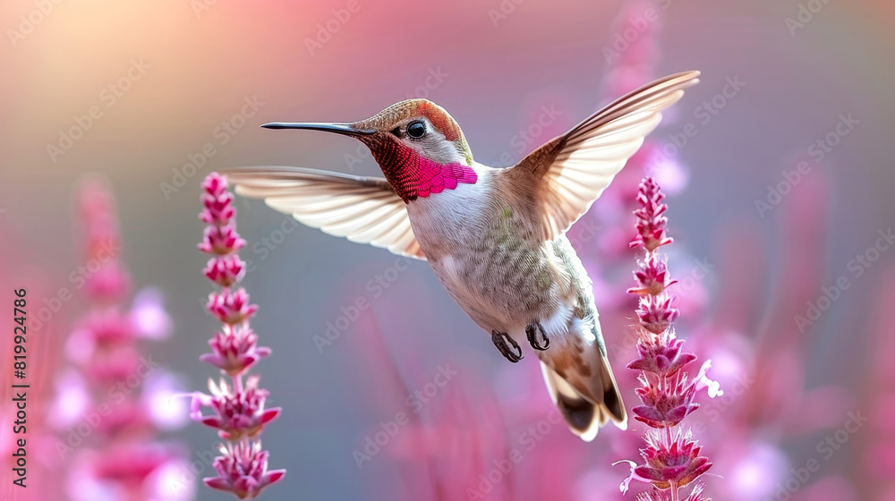 Naklejka premium A close-up of a vibrant hummingbird hovering in mid-air amidst pink flowers, showcasing its vivid plumage against a soft, blurred background.