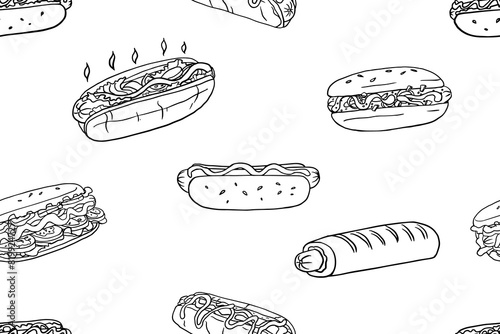 Seamless pattern of hot dogs with lettering in doodle style. French hot dog. Fast food. Great for menu design, banners, websites, packaging. Hand drawn