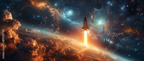 a spaceship rocket flying through a colorful space universe galaxy nebula with stars and planets, widescreen