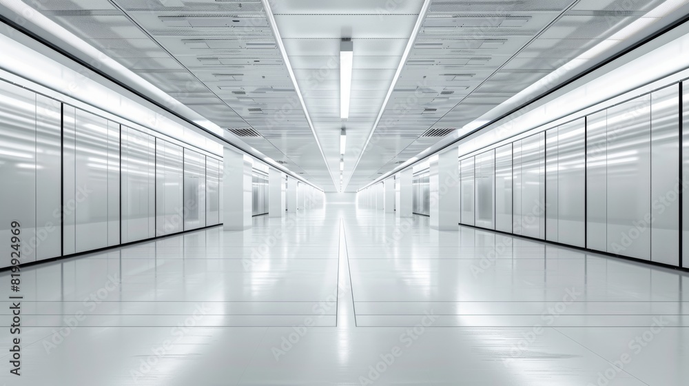 A wide-angle shot of a spacious data center, with servers lining the walls and a central blank area left for text or graphics, focusing on the vast and organized infrastructure A wide-angle shot of a spacious data center, with servers lining the walls and a central blank area left for text or graphics, focusing on the vast and organized infrastructure