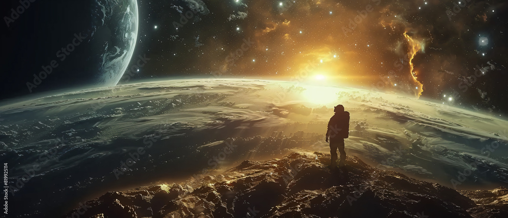 An astronaut stands on a rocky surface, gazing at a mesmerizing cosmic scene with planets, stars, and a sunrise, widescreen