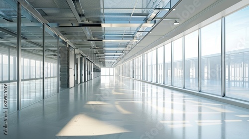 An interior view of a sustainable data center with energy-efficient infrastructure and natural light  leaving a spacious blank area on the left for text or graphics