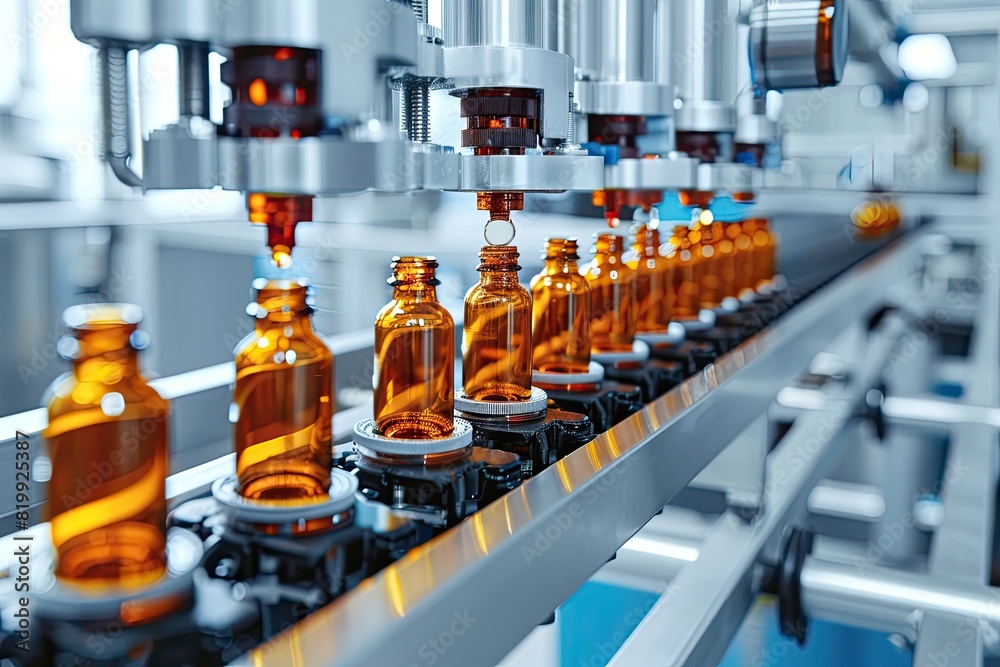 A conveyor belt with bottles of liquid being poured into them