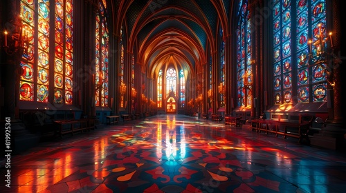 The interior of a grand cathedral, with intricate stained glass windows casting colorful patterns on the polished stone floor photo
