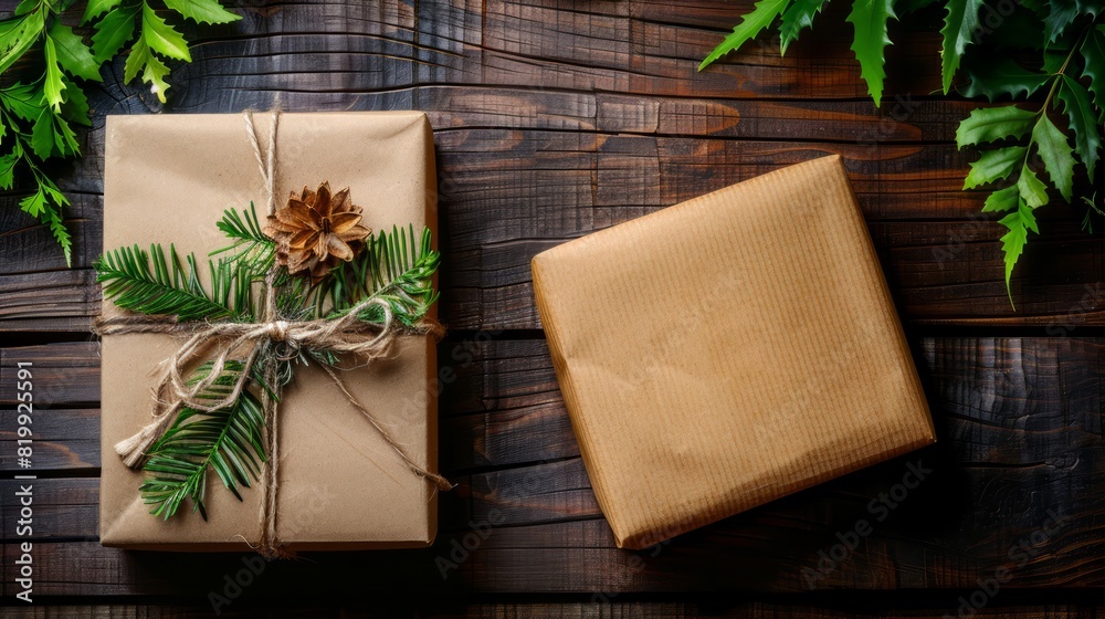 Two brown boxes with ribbons and pine cones on them Two brown boxes with ribbons and pine cones on them