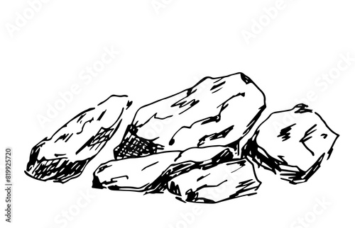 Heap of stones cobbles. A pile of large boulders. Nature, rocky terrain. Black outline drawing. Sketch in ink.