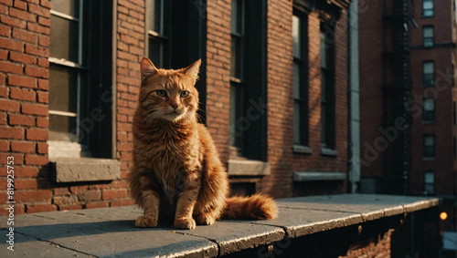 A ginger cat with an attentive gaze sits on a building ledge with brick buildings in the background, New York Brownstone Style