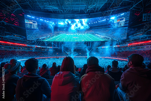 Fans enjoy an electrifying night football match in a vibrant stadium, illuminated by bright lights and large screens displaying the game