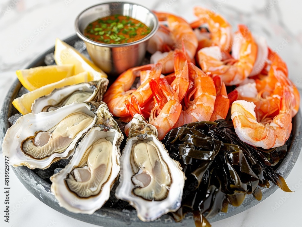 Nutritious Marine Superfood Feast Display with Fresh Kelp, Oysters, and Shrimp, Ideal for Healthy Dining Concept Nutritious Marine Superfood Feast Display with Fresh Kelp, Oysters, and Shrimp, Ideal for Healthy Dining Concept