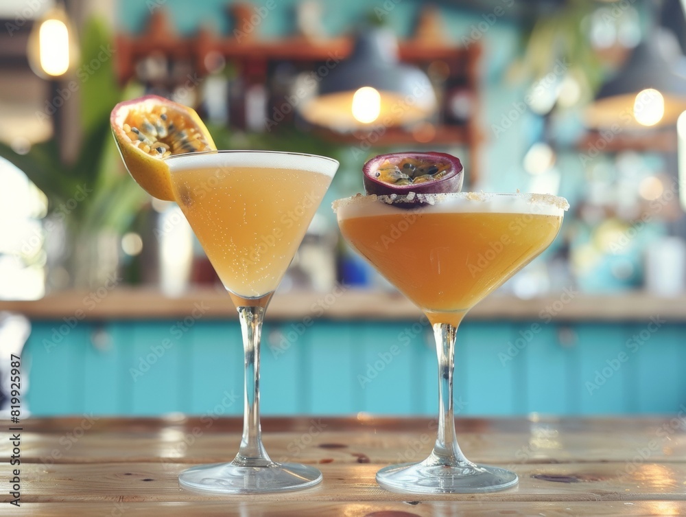 Vibrant Tropical Martini Cocktails Photo - Passion Fruit Garnish on a Sunny Afternoon at Beachside Bar Vibrant Tropical Martini Cocktails Photo - Passion Fruit Garnish on a Sunny Afternoon at Beachside Bar