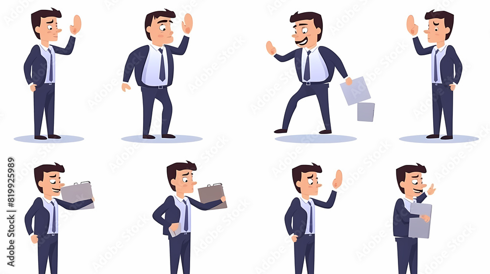 Set of businessman character vector design. Presentation in various action with emotions, running, standing and walking. People working in office planning, thinking and economic analysis Set of businessman character vector design. Presentation in various action with emotions, running, standing and walking. People working in office planning, thinking and economic analysis