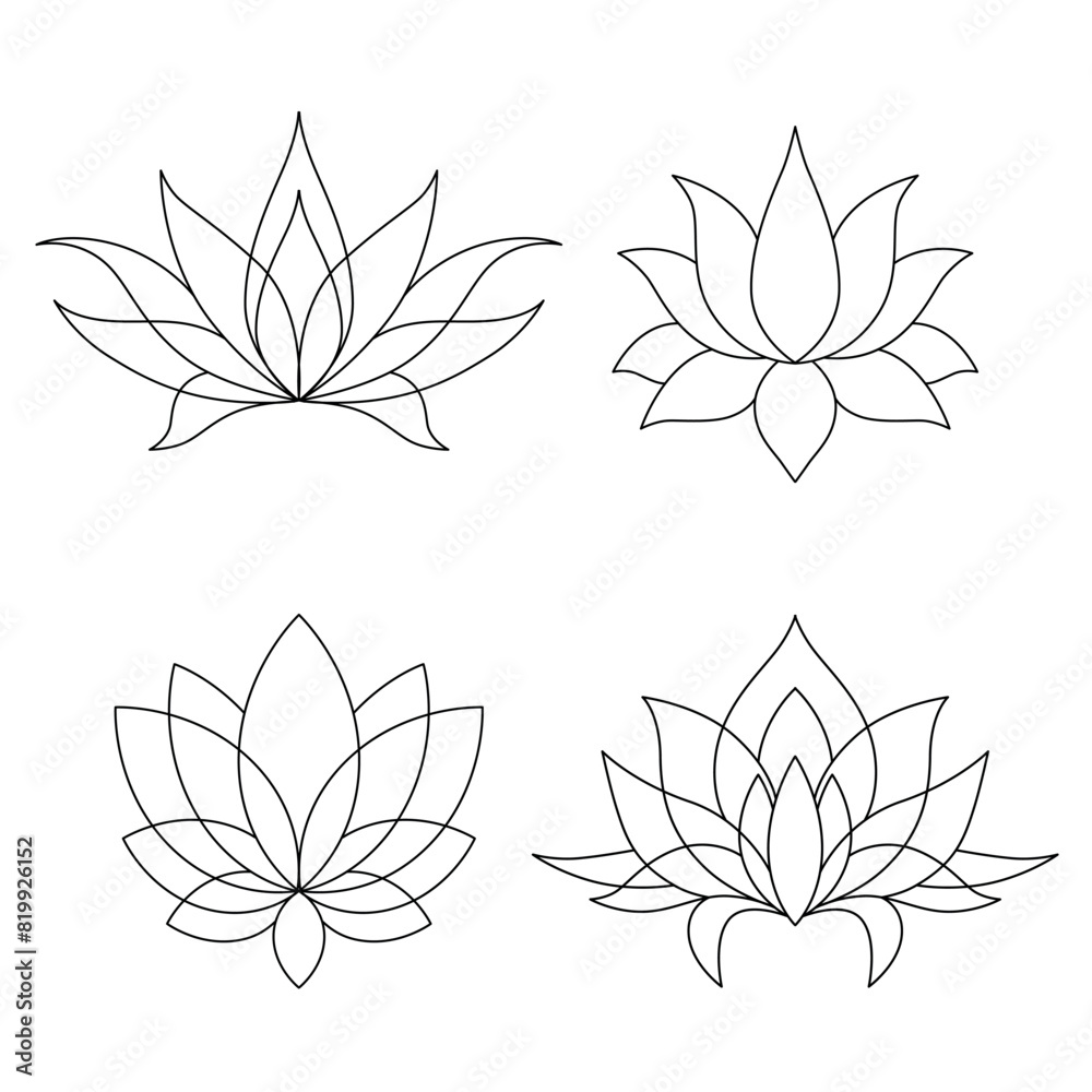 Set of lotus mehndi flower pattern for Henna drawing and tattoo. Decoration in oriental, Indian style. Doodle ornament. Outline hand draw vector illustration.