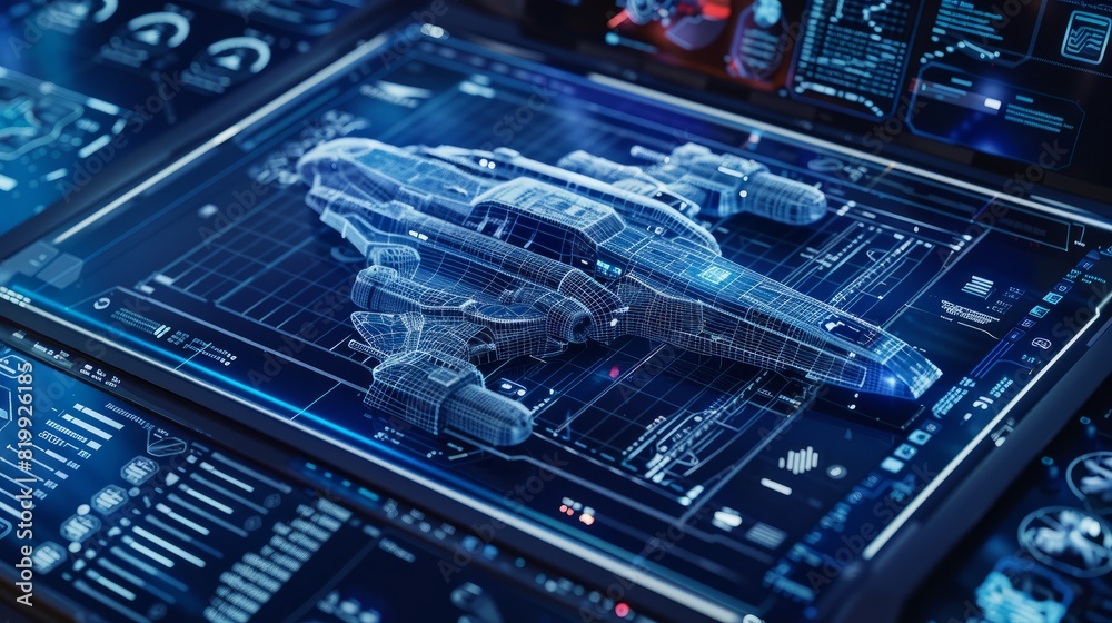 High-tech blueprint of a futuristic spaceship on a digital interface, showcasing detailed schematics and technological innovation. High-tech blueprint of a futuristic spaceship on a digital interface, showcasing detailed schematics and technological innovation.