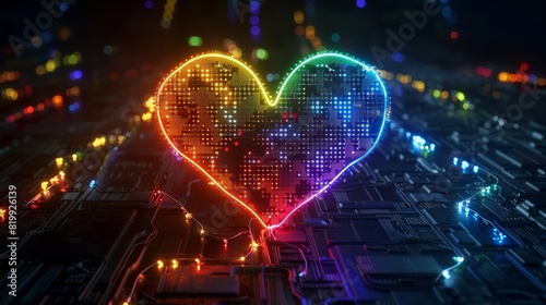 A heart made of lights is displayed on a computer screen