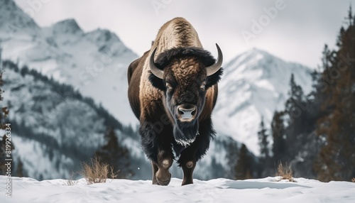 Bison thick fur covered with frost and snow, Bison walks in extreme winter weather, standing above snow with a view of the frost mountains