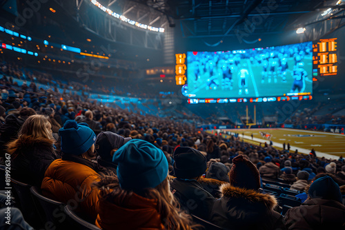 Fans enjoy an electrifying night football match in a vibrant stadium, illuminated by bright lights and large screens displaying the game