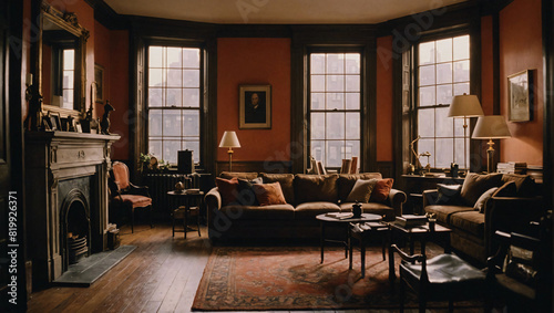 An inviting living room bathed in warm sunlight through large windows, featuring stylish furniture and decor New York Brownstone Interior Style
