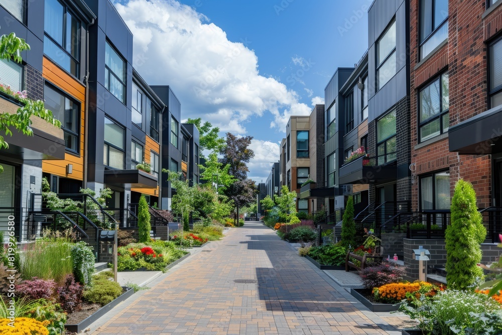 A row of houses with a brick walkway in between. The houses are all black and the walkway is lined with flowers A row of houses with a brick walkway in between. The houses are all black and the walkway is lined with flowers