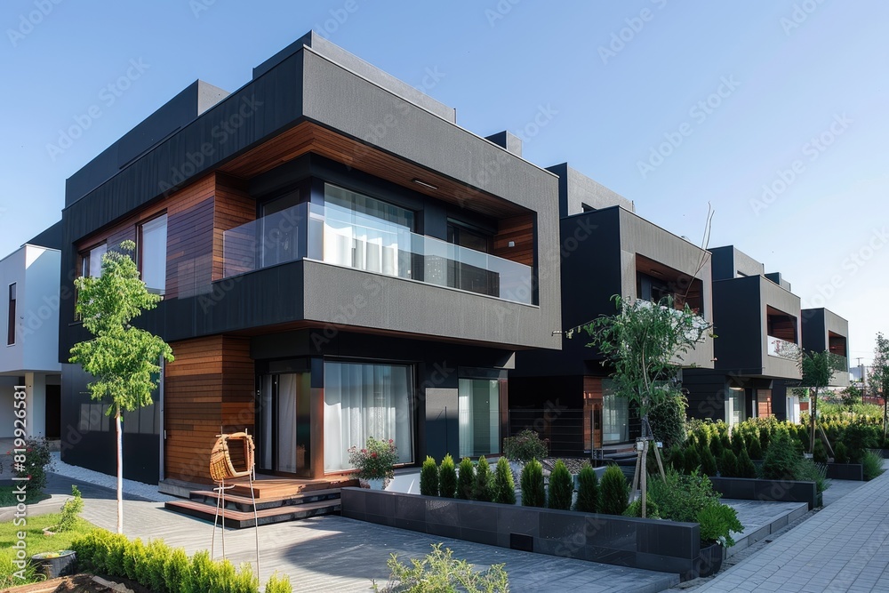 A row of black houses with a white house in the background. The houses are well-maintained and have a modern design