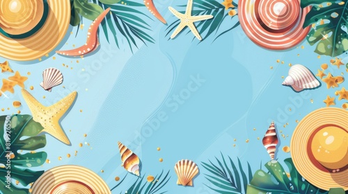Summer beach background with straw hats, seashells, starfish, and tropical leaves on a light blue backdrop. Ideal for vacation and travel themes.