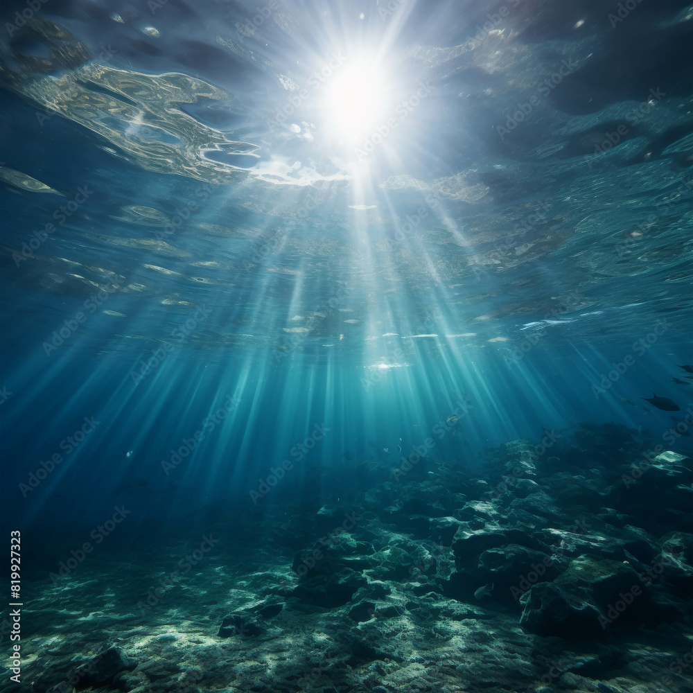 Underwater world with sun rays shining through the water surface. Underwater world with sun rays shining through the water surface.