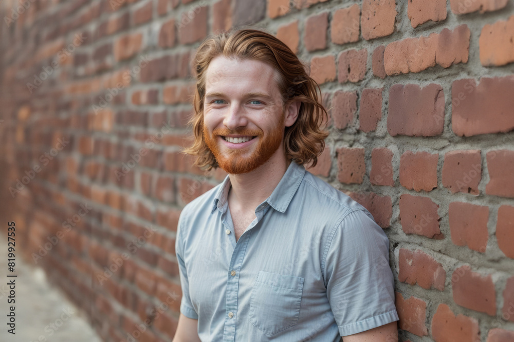 Young Man With Beard Smiling in Front of Brick Wall Young Man With Beard Smiling in Front of Brick Wall