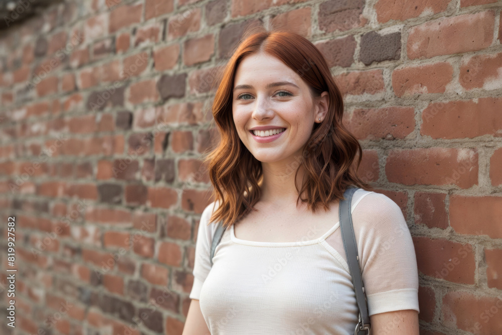 Cheerful Woman Standing in Front of Brick Wall