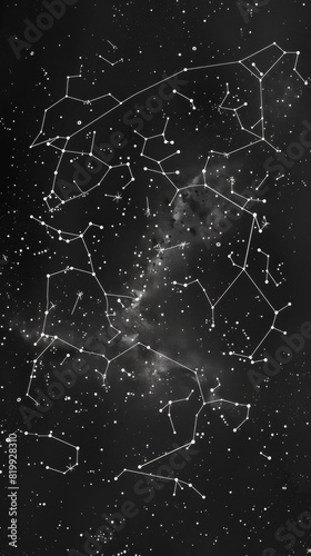Constellations in the night sky with a black background, white line drawing 