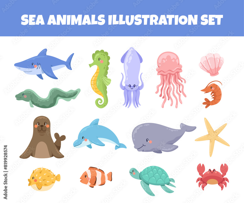 Sea animals vector illustration set Sea animals vector illustration set