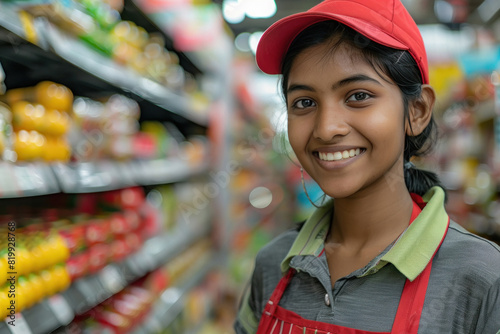 indian saleswoman standing confidently at supermarket