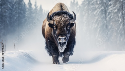 Bison thick fur covered with frost and snow, Bison walks in extreme winter weather, standing above snow with a view of the frost mountains