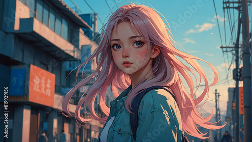 Portrait of a beautiful anime style young woman striking a pose as the wind tousles her hair